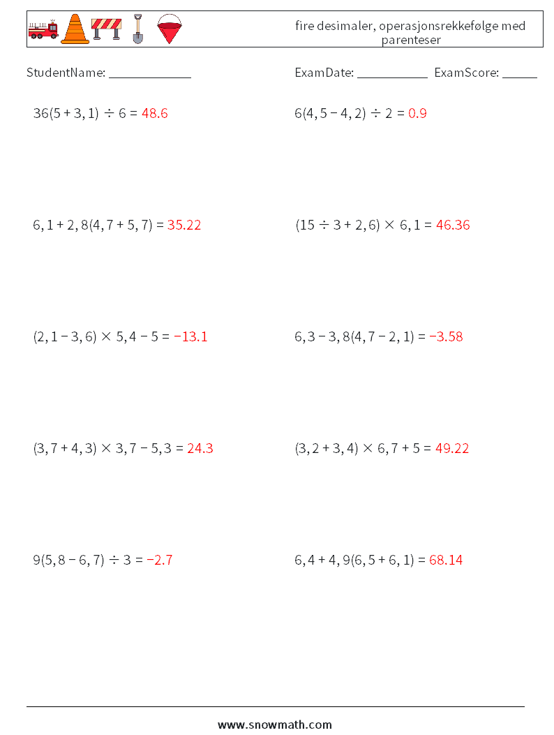 (10) fire desimaler, operasjonsrekkefølge med parenteser MathWorksheets 12 QuestionAnswer