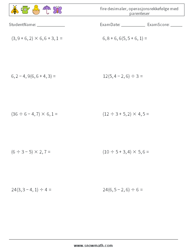 (10) fire desimaler, operasjonsrekkefølge med parenteser MathWorksheets 13