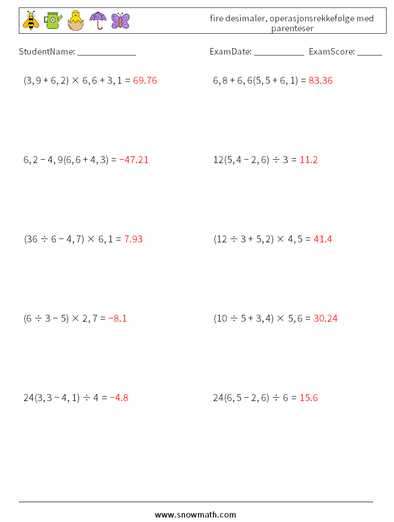 (10) fire desimaler, operasjonsrekkefølge med parenteser MathWorksheets 13 QuestionAnswer