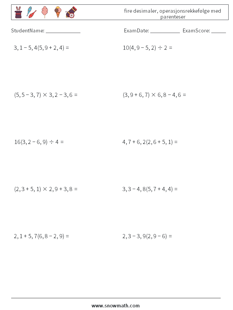 (10) fire desimaler, operasjonsrekkefølge med parenteser MathWorksheets 14