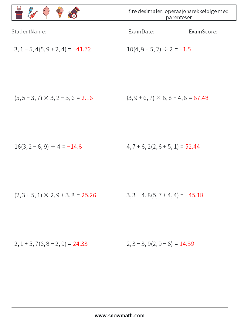 (10) fire desimaler, operasjonsrekkefølge med parenteser MathWorksheets 14 QuestionAnswer