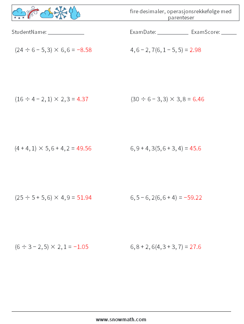 (10) fire desimaler, operasjonsrekkefølge med parenteser MathWorksheets 15 QuestionAnswer