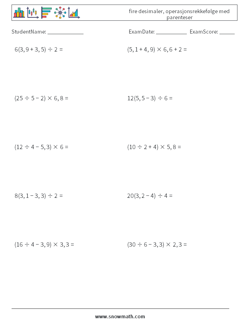 (10) fire desimaler, operasjonsrekkefølge med parenteser MathWorksheets 16