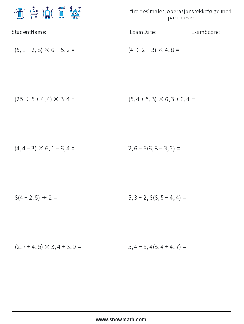 (10) fire desimaler, operasjonsrekkefølge med parenteser MathWorksheets 17