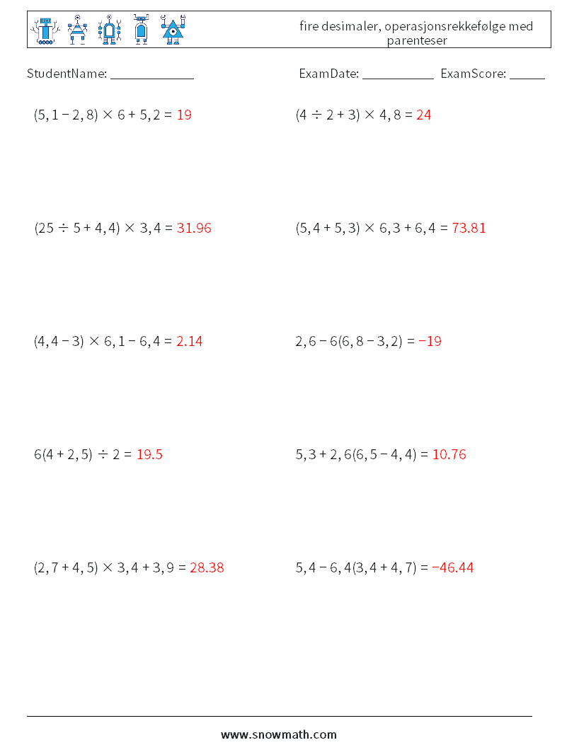 (10) fire desimaler, operasjonsrekkefølge med parenteser MathWorksheets 17 QuestionAnswer