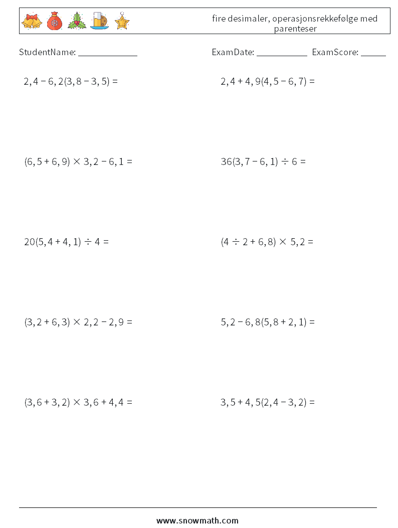 (10) fire desimaler, operasjonsrekkefølge med parenteser MathWorksheets 18