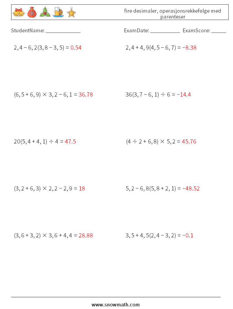 (10) fire desimaler, operasjonsrekkefølge med parenteser MathWorksheets 18 QuestionAnswer