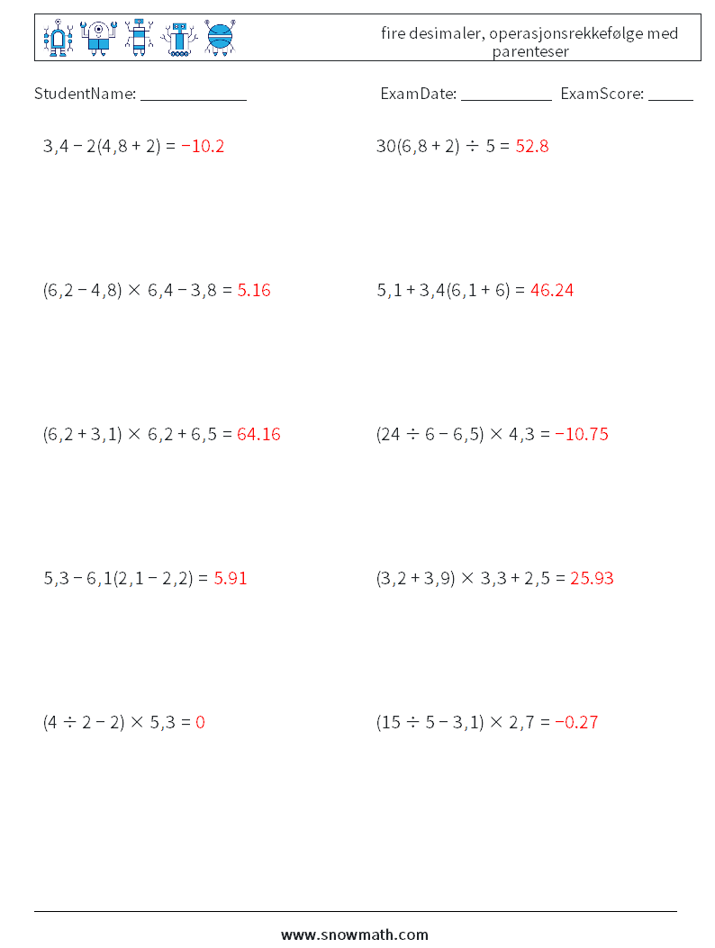 (10) fire desimaler, operasjonsrekkefølge med parenteser MathWorksheets 1 QuestionAnswer