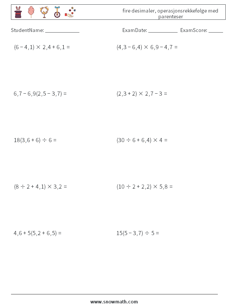 (10) fire desimaler, operasjonsrekkefølge med parenteser MathWorksheets 2