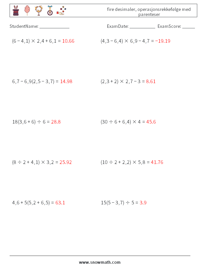 (10) fire desimaler, operasjonsrekkefølge med parenteser MathWorksheets 2 QuestionAnswer