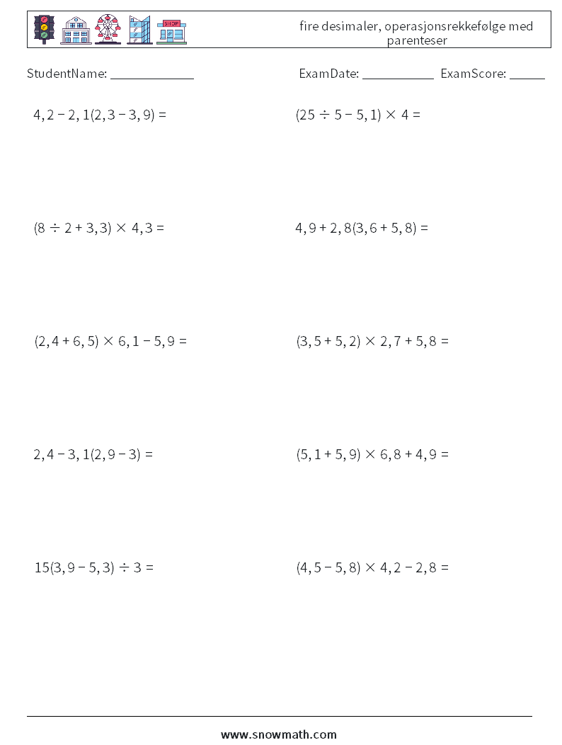 (10) fire desimaler, operasjonsrekkefølge med parenteser MathWorksheets 3