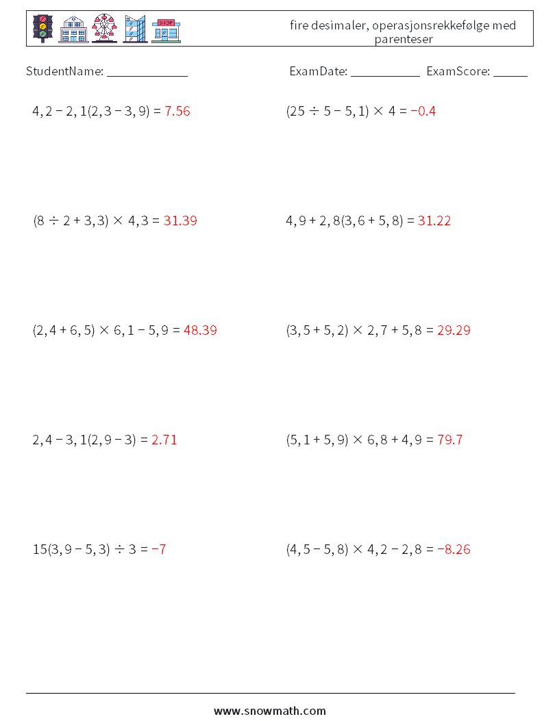 (10) fire desimaler, operasjonsrekkefølge med parenteser MathWorksheets 3 QuestionAnswer