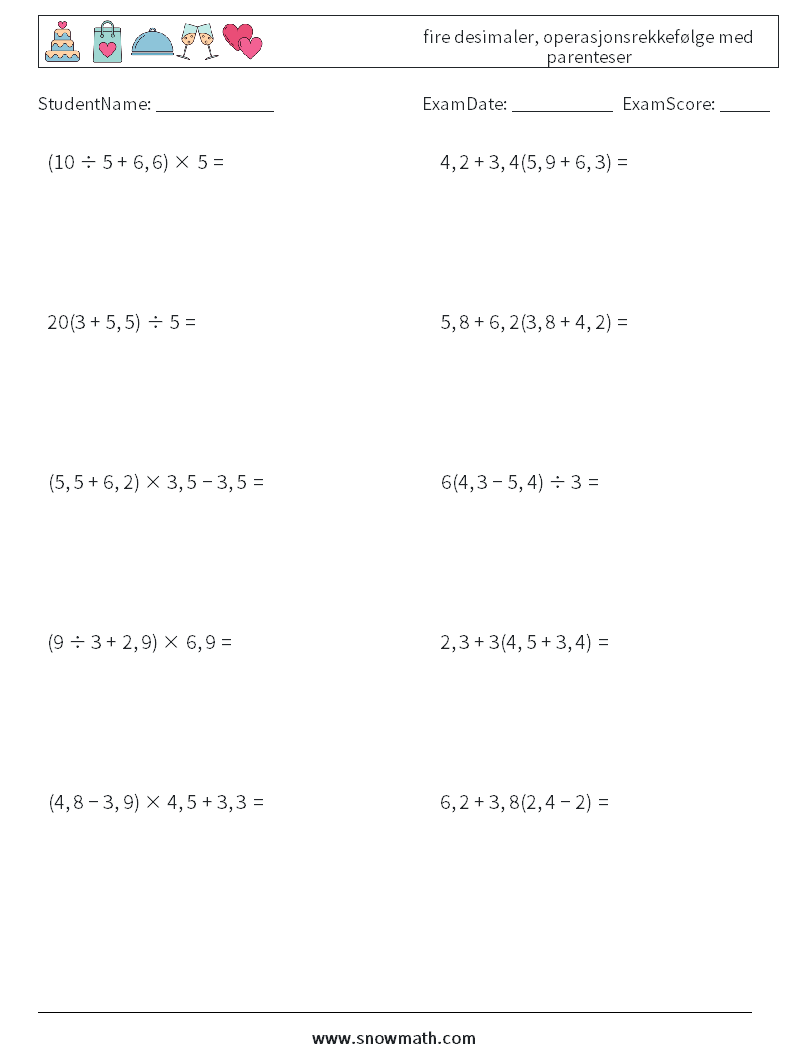 (10) fire desimaler, operasjonsrekkefølge med parenteser MathWorksheets 4