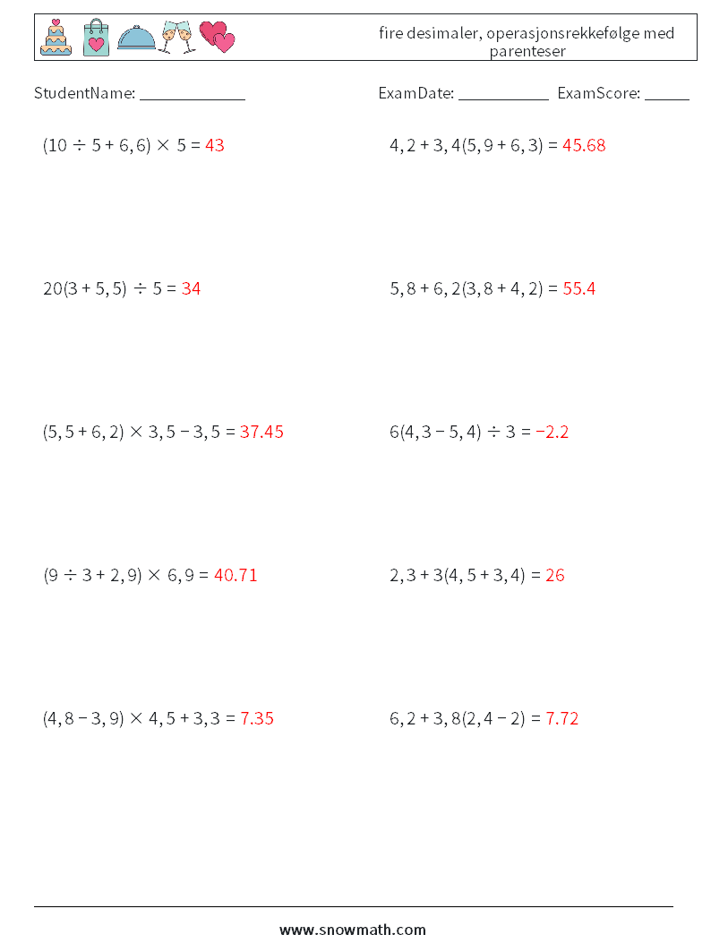 (10) fire desimaler, operasjonsrekkefølge med parenteser MathWorksheets 4 QuestionAnswer