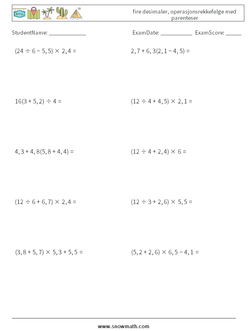 (10) fire desimaler, operasjonsrekkefølge med parenteser MathWorksheets 5