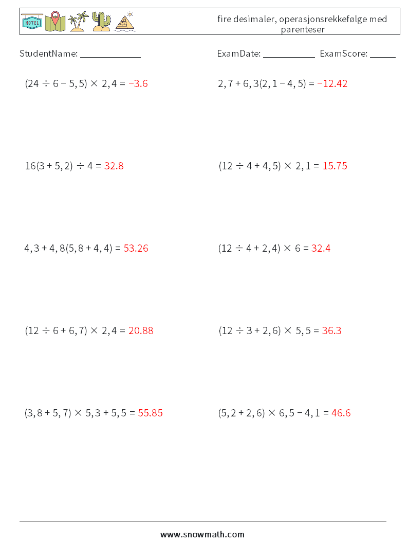 (10) fire desimaler, operasjonsrekkefølge med parenteser MathWorksheets 5 QuestionAnswer