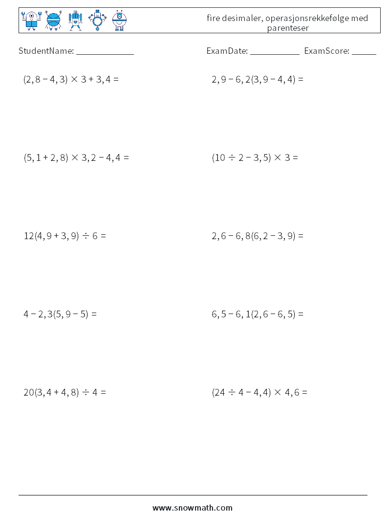 (10) fire desimaler, operasjonsrekkefølge med parenteser MathWorksheets 6