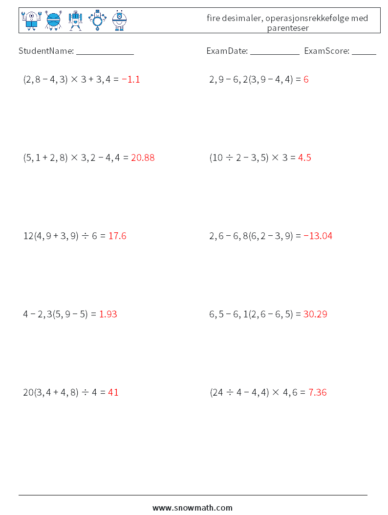 (10) fire desimaler, operasjonsrekkefølge med parenteser MathWorksheets 6 QuestionAnswer