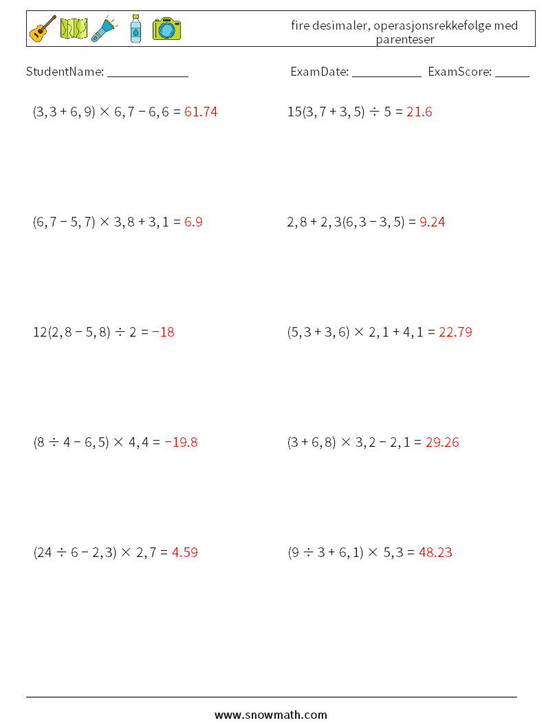 (10) fire desimaler, operasjonsrekkefølge med parenteser MathWorksheets 7 QuestionAnswer