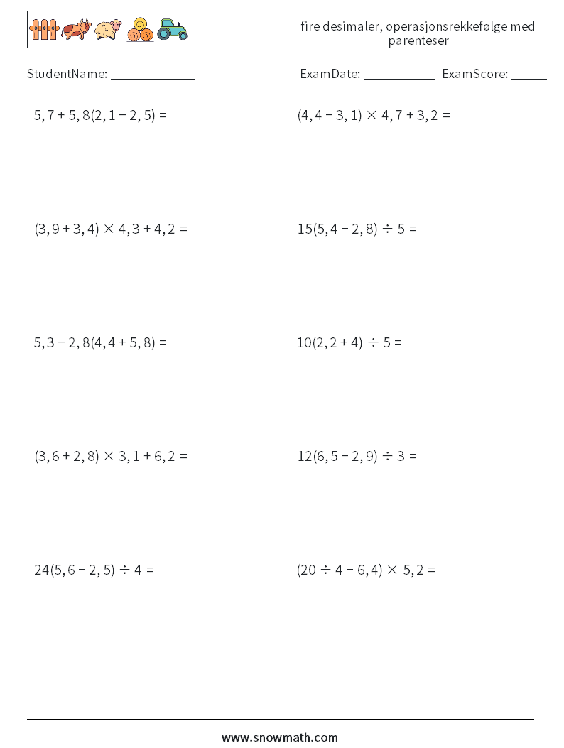 (10) fire desimaler, operasjonsrekkefølge med parenteser MathWorksheets 8