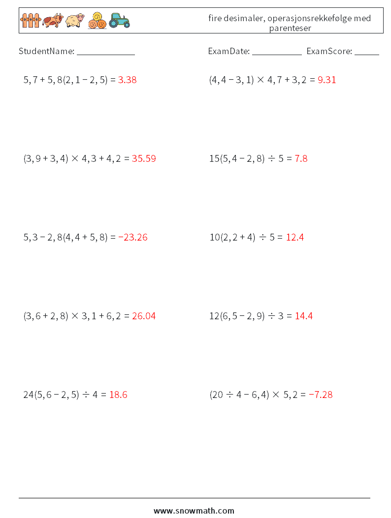 (10) fire desimaler, operasjonsrekkefølge med parenteser MathWorksheets 8 QuestionAnswer