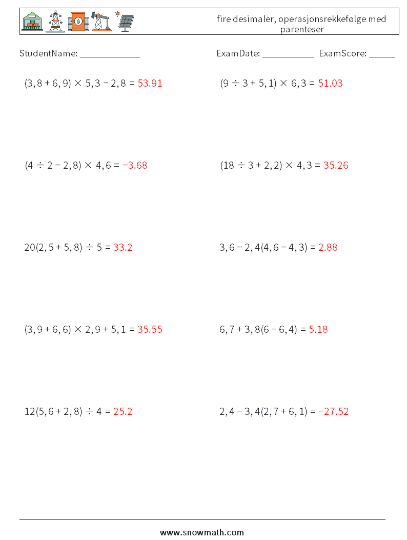 (10) fire desimaler, operasjonsrekkefølge med parenteser MathWorksheets 9 QuestionAnswer