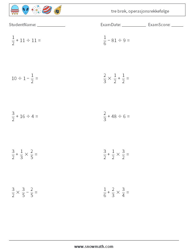 (10) tre brøk, operasjonsrekkefølge MathWorksheets 10