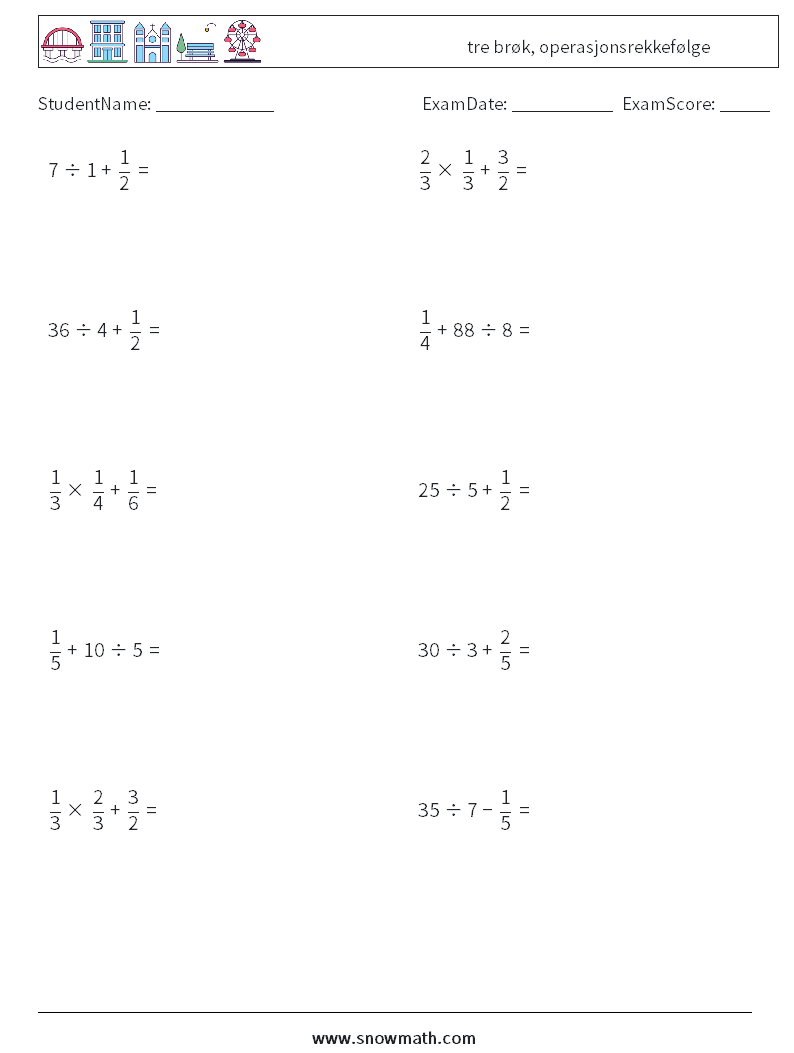 (10) tre brøk, operasjonsrekkefølge MathWorksheets 11