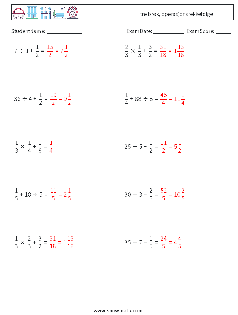 (10) tre brøk, operasjonsrekkefølge MathWorksheets 11 QuestionAnswer