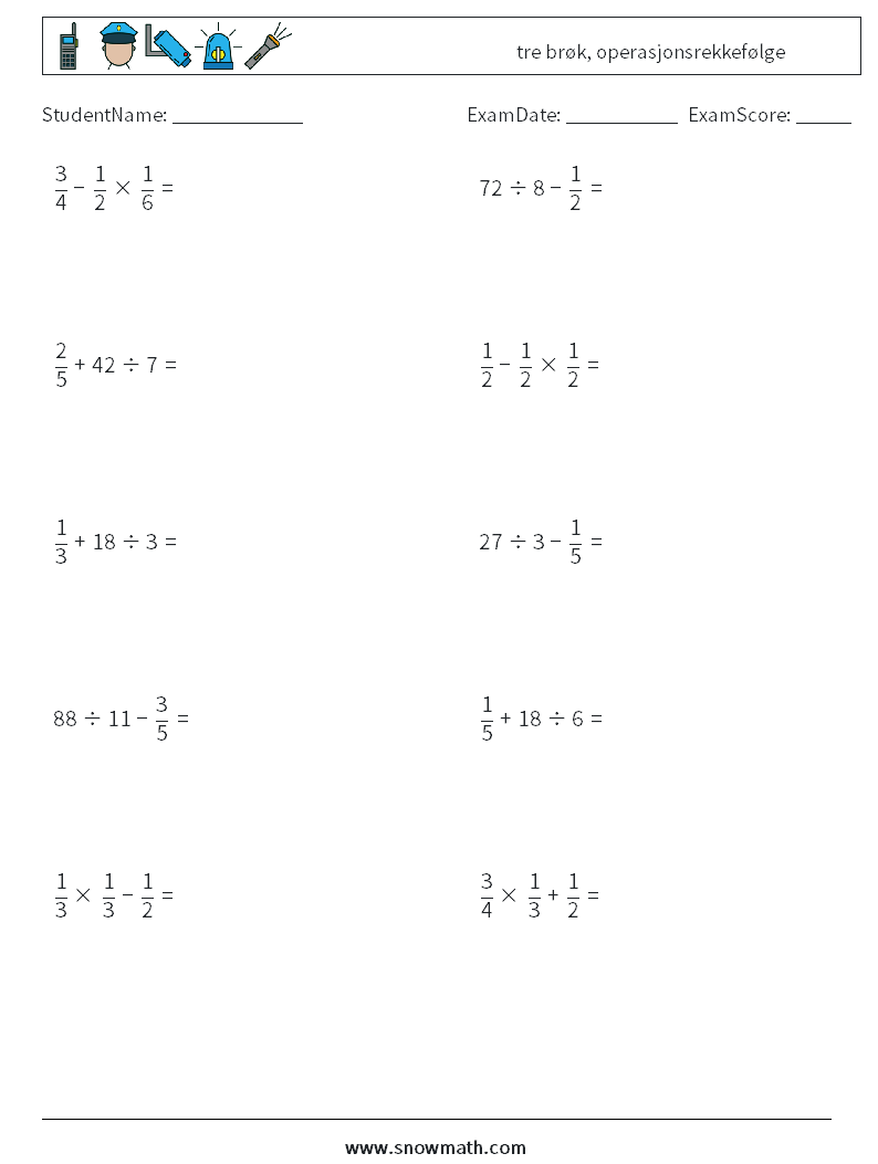 (10) tre brøk, operasjonsrekkefølge MathWorksheets 12