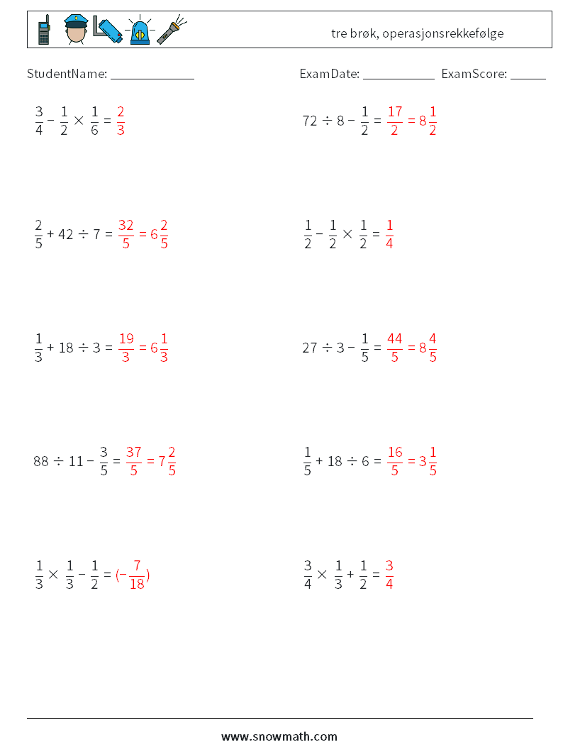 (10) tre brøk, operasjonsrekkefølge MathWorksheets 12 QuestionAnswer