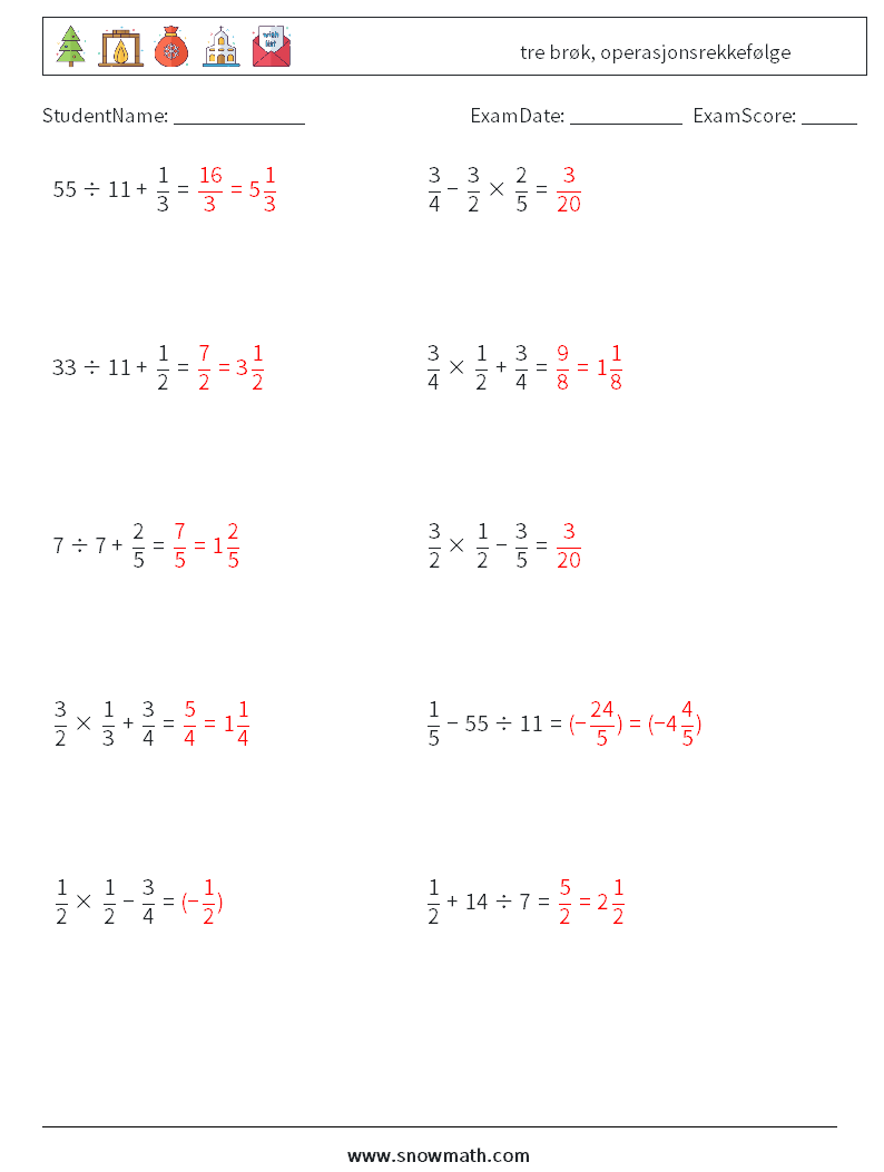 (10) tre brøk, operasjonsrekkefølge MathWorksheets 13 QuestionAnswer