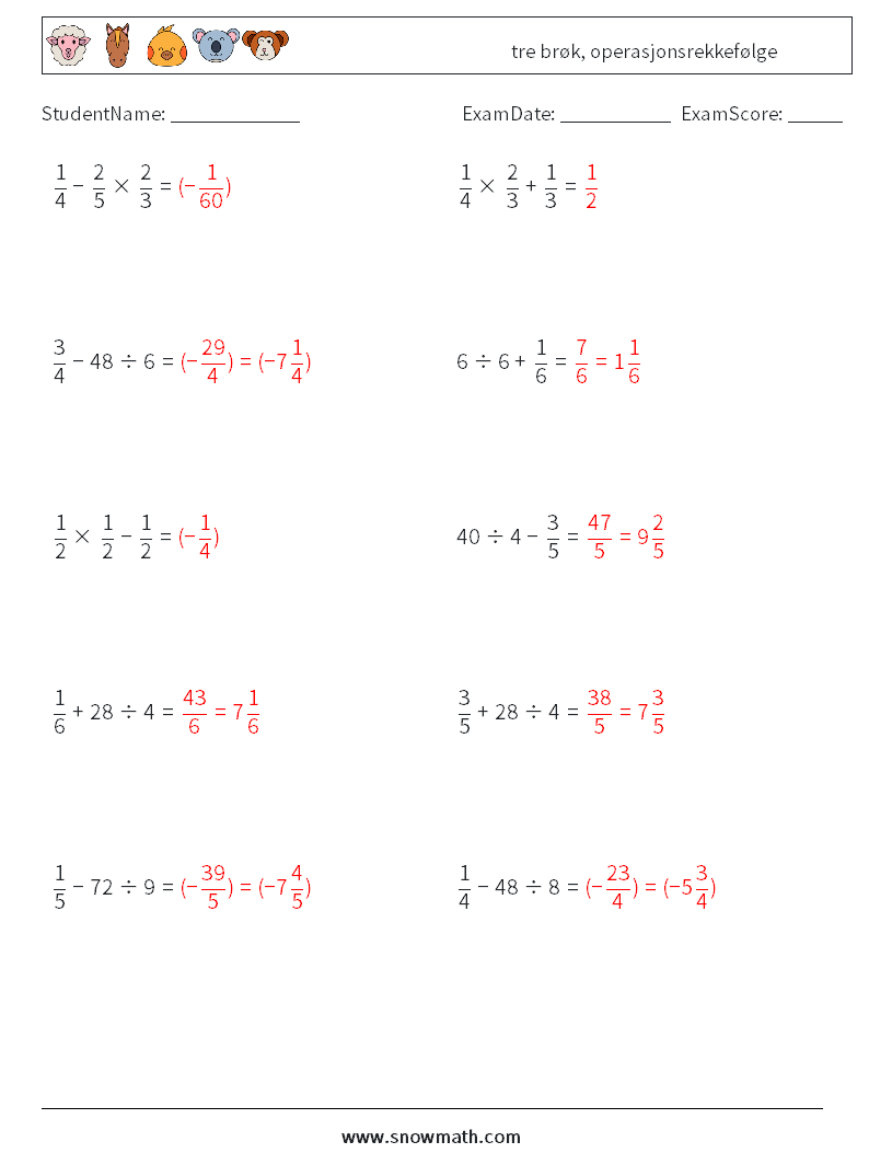 (10) tre brøk, operasjonsrekkefølge MathWorksheets 14 QuestionAnswer