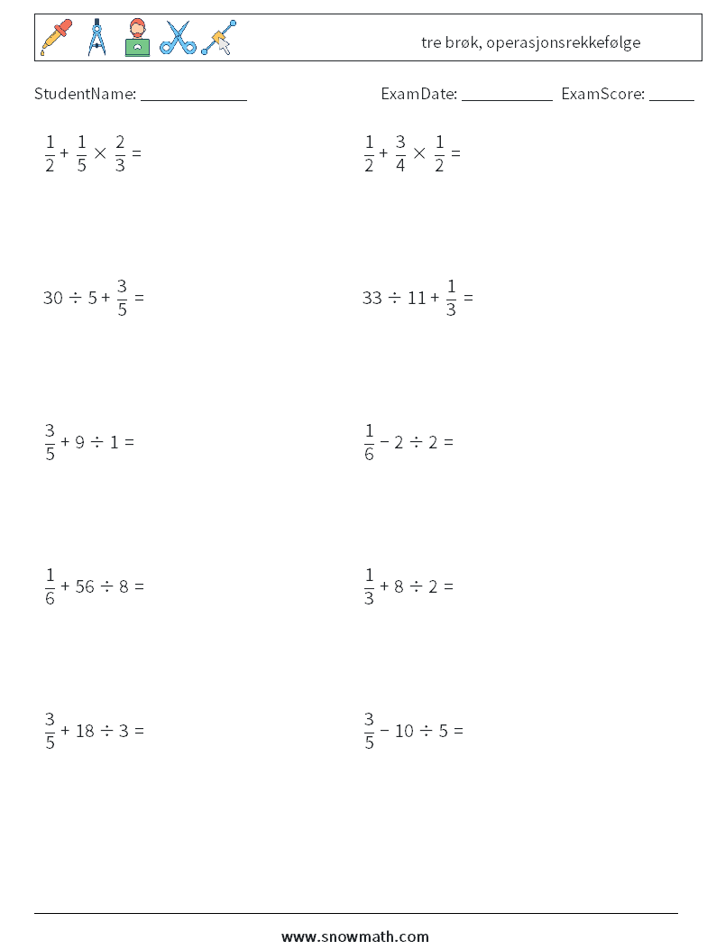 (10) tre brøk, operasjonsrekkefølge MathWorksheets 15