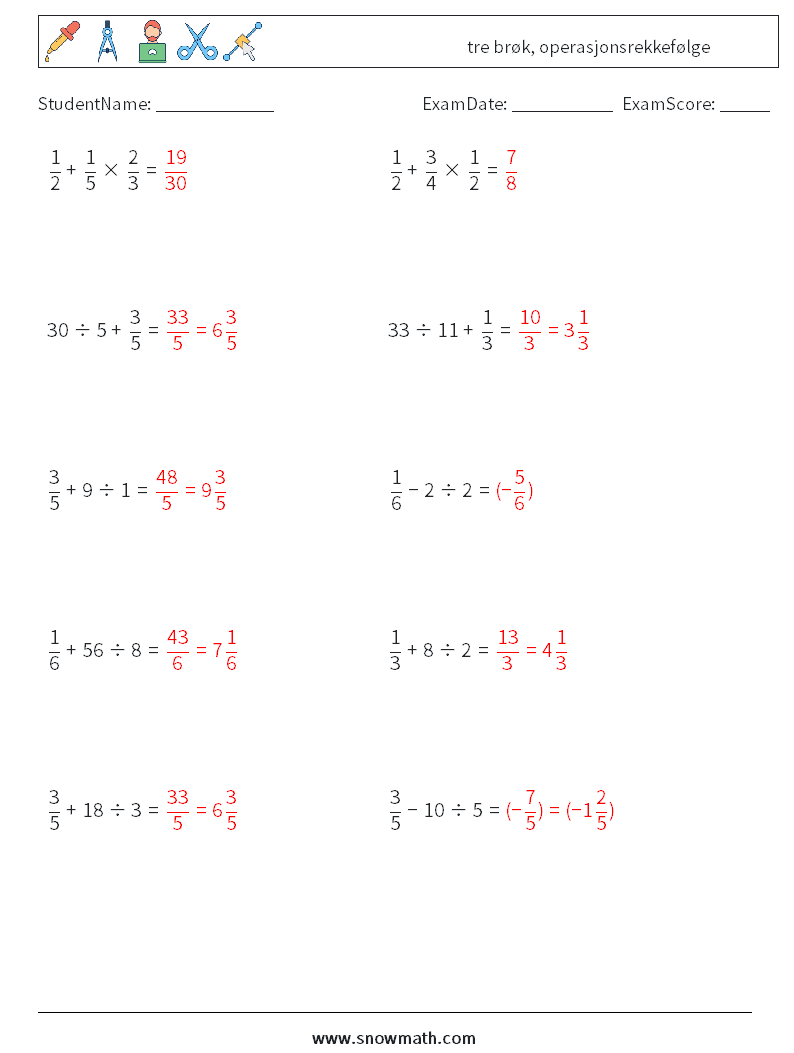 (10) tre brøk, operasjonsrekkefølge MathWorksheets 15 QuestionAnswer