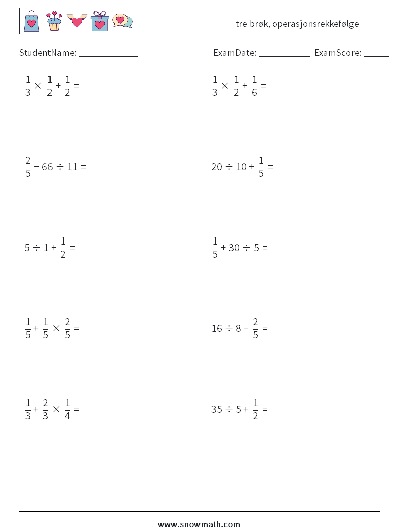 (10) tre brøk, operasjonsrekkefølge MathWorksheets 16