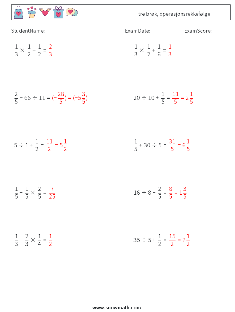 (10) tre brøk, operasjonsrekkefølge MathWorksheets 16 QuestionAnswer