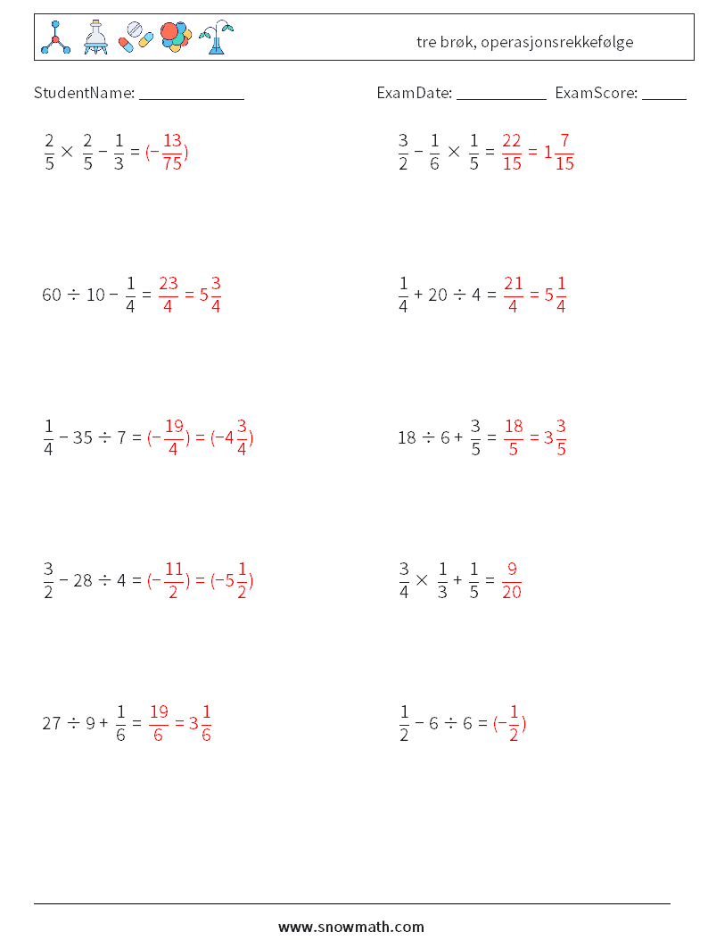 (10) tre brøk, operasjonsrekkefølge MathWorksheets 18 QuestionAnswer