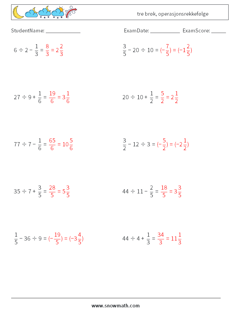 (10) tre brøk, operasjonsrekkefølge MathWorksheets 1 QuestionAnswer