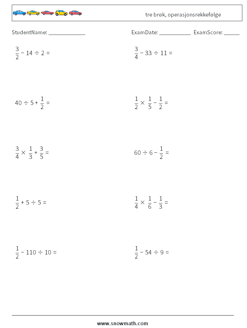 (10) tre brøk, operasjonsrekkefølge MathWorksheets 2