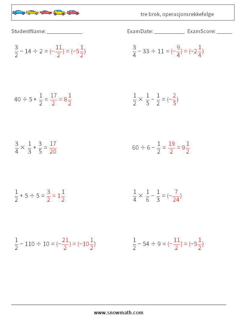 (10) tre brøk, operasjonsrekkefølge MathWorksheets 2 QuestionAnswer