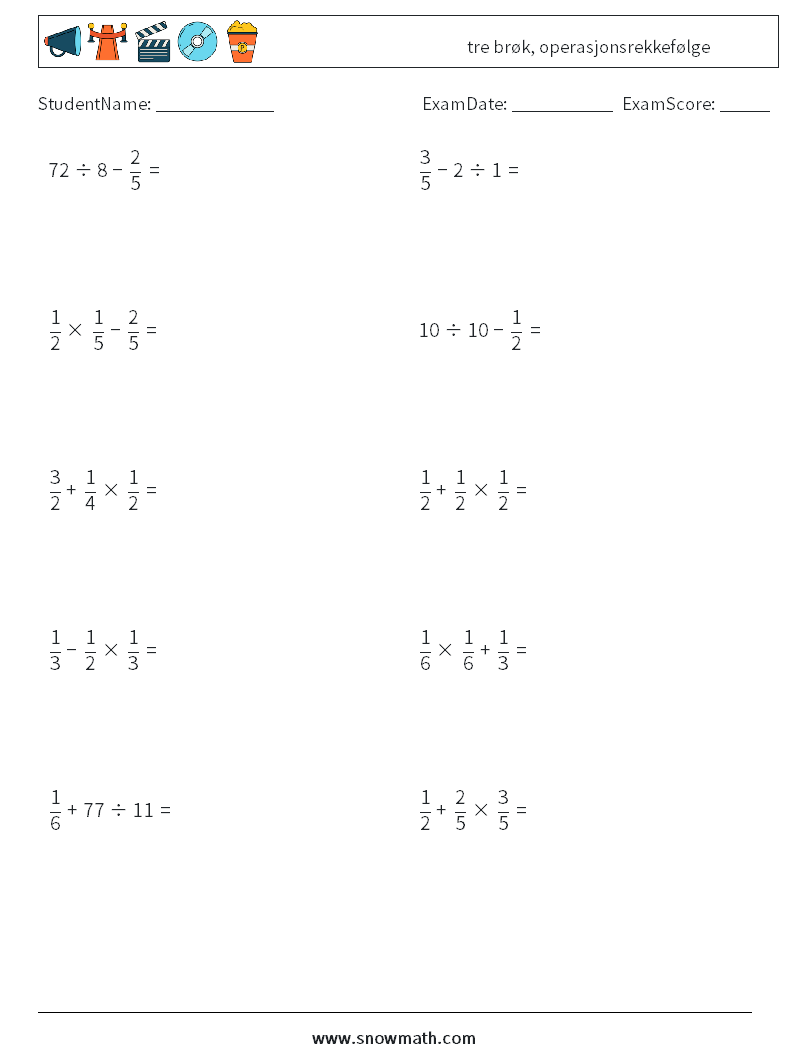 (10) tre brøk, operasjonsrekkefølge MathWorksheets 3