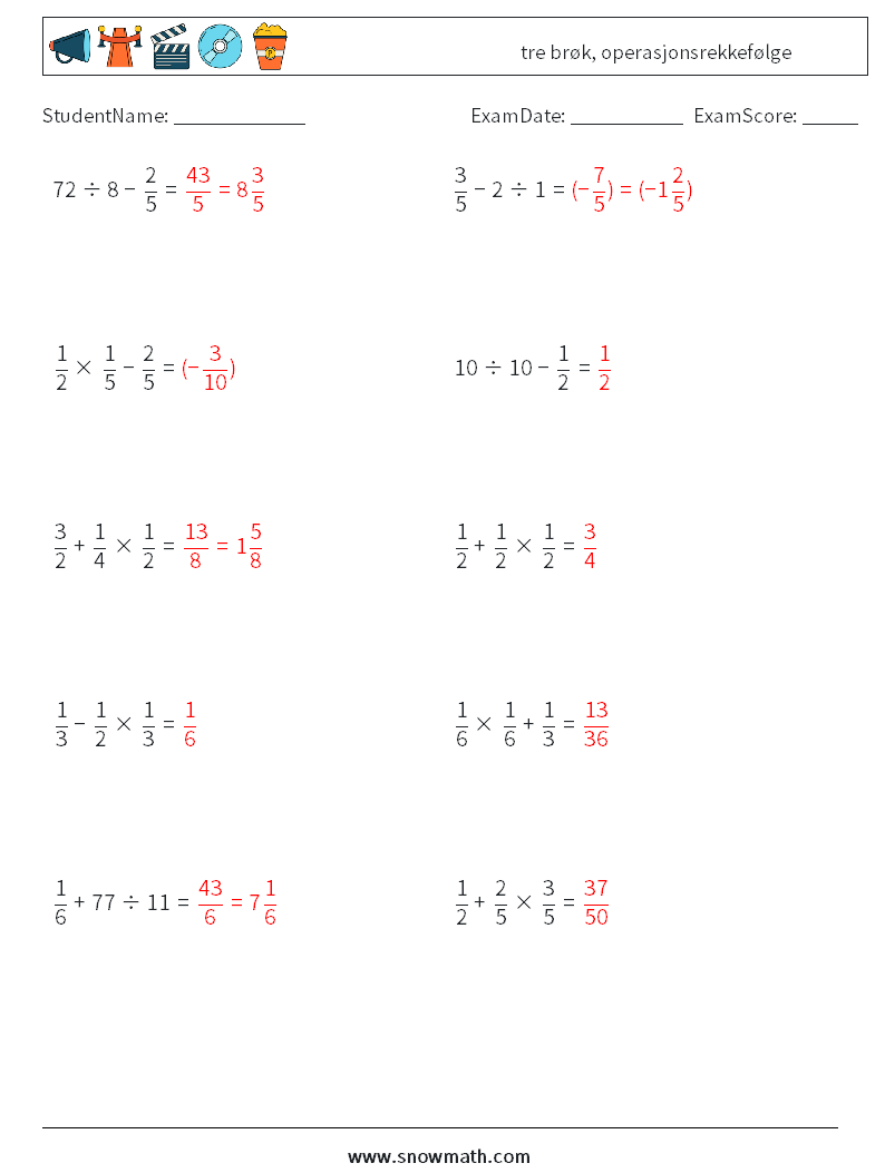 (10) tre brøk, operasjonsrekkefølge MathWorksheets 3 QuestionAnswer