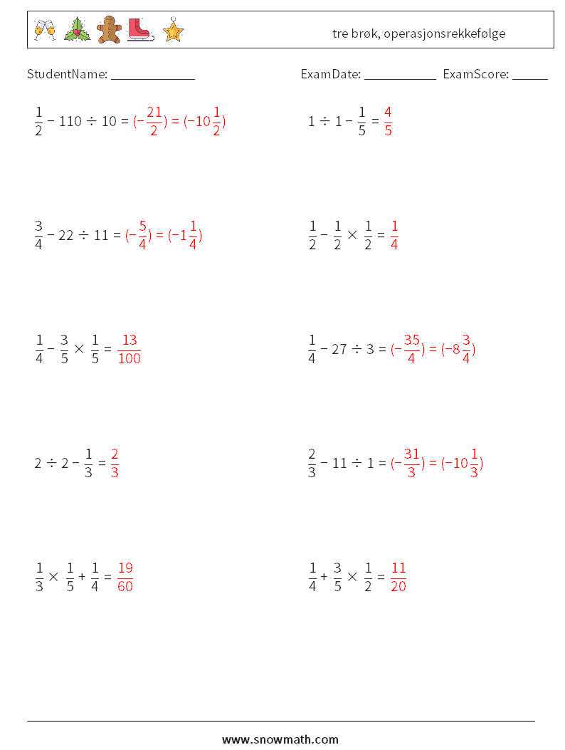 (10) tre brøk, operasjonsrekkefølge MathWorksheets 4 QuestionAnswer