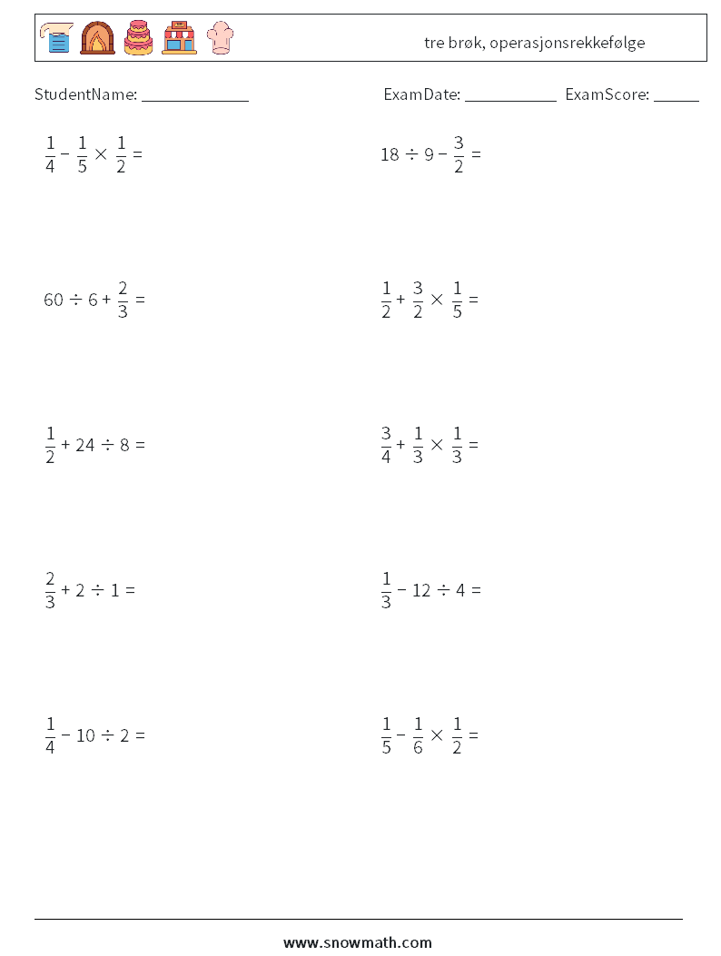 (10) tre brøk, operasjonsrekkefølge MathWorksheets 5