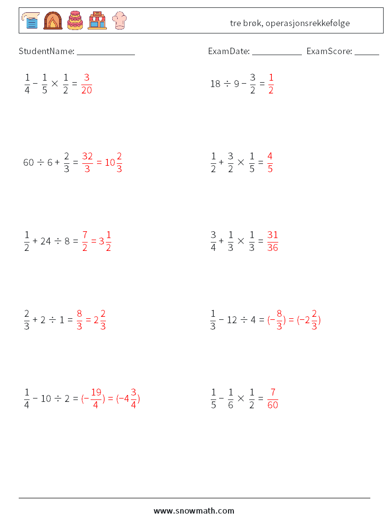 (10) tre brøk, operasjonsrekkefølge MathWorksheets 5 QuestionAnswer