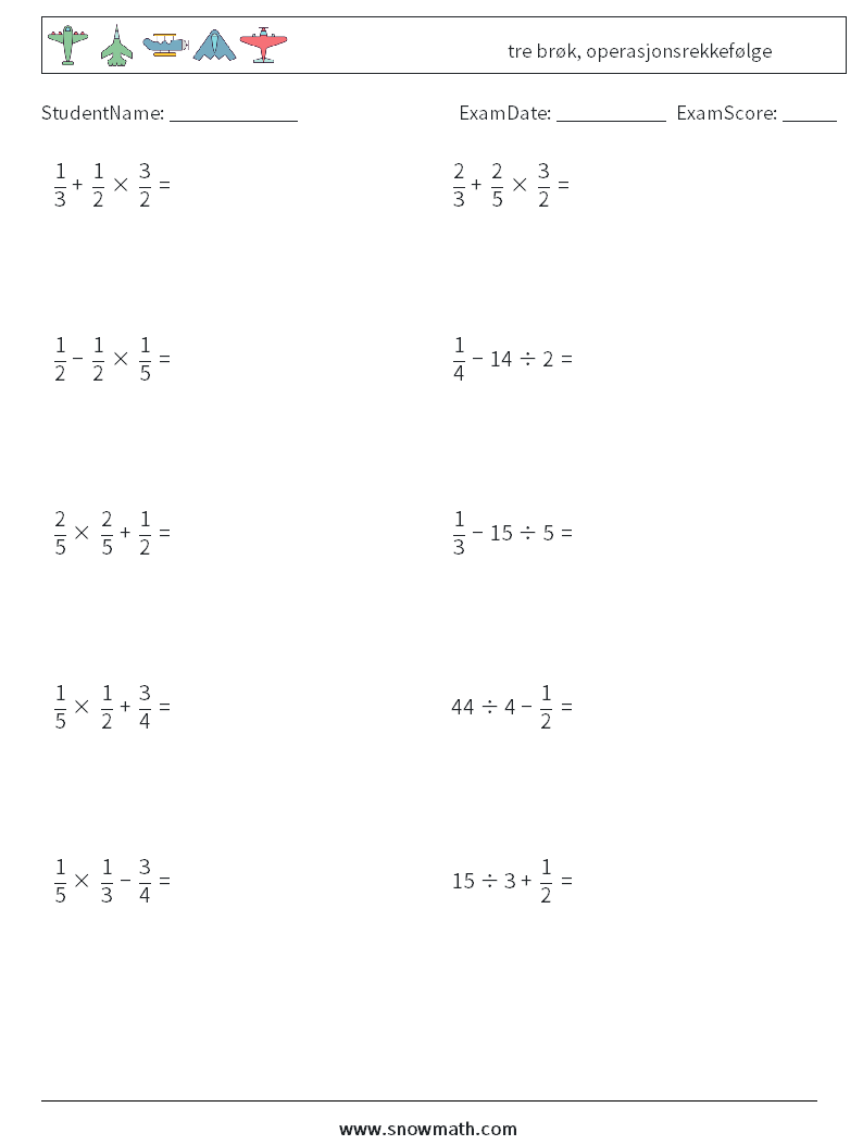 (10) tre brøk, operasjonsrekkefølge MathWorksheets 6