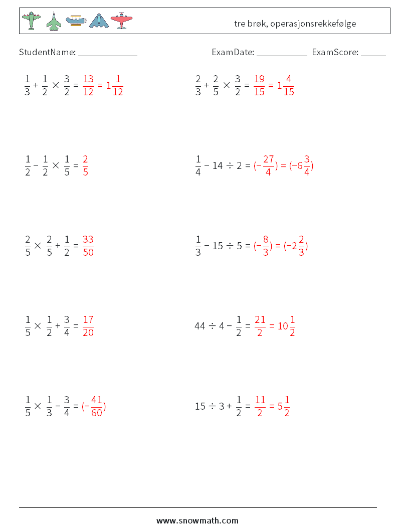 (10) tre brøk, operasjonsrekkefølge MathWorksheets 6 QuestionAnswer