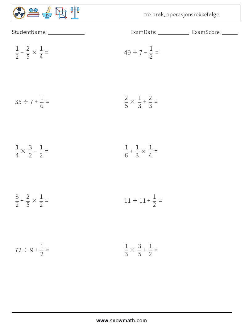 (10) tre brøk, operasjonsrekkefølge MathWorksheets 7