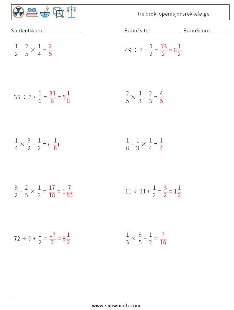 (10) tre brøk, operasjonsrekkefølge MathWorksheets 7 QuestionAnswer